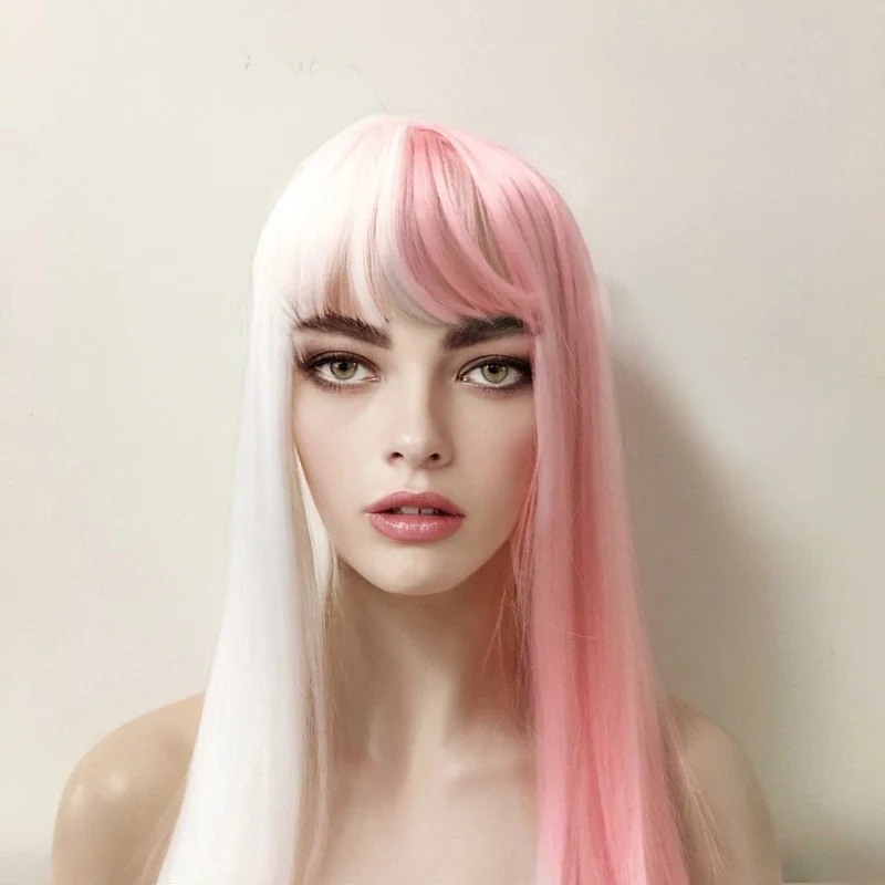 Women Pink White Split Colors Long Straight Fringe Bangs Wig